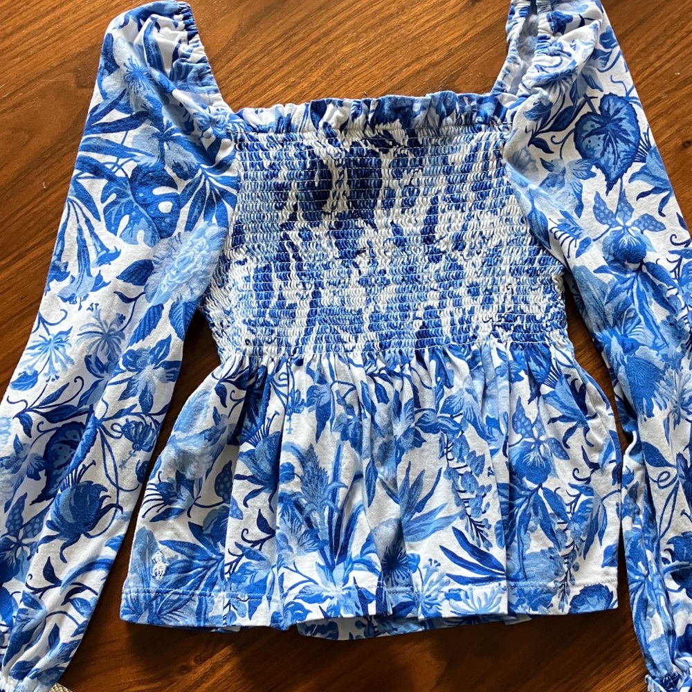 Polo Ralph Lauren Blue Floral Smocked Blouse